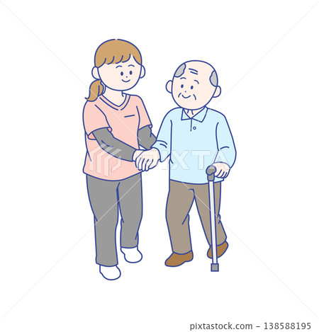 A scene showing a caregiver assisting an elderly person with walking. A scene showing a caregiver assisting an elderly person with walking. 138588195