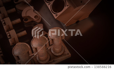 Engine Cylinder Block And Pistons Mechanical Parts 3d render. 138588216