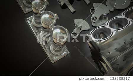 Shiny Engine Cylinder Block And Pistons Mechanical Parts 3d render. 138588217