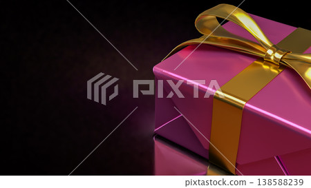 Luxury Pink Gift Box With Golden Ribbon On Dark Background 3d render. Luxury Pink Gift Box With Golden Ribbon On Dark Background 3d render. 138588239