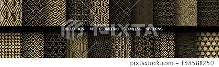 Geometric set of seamless black and golden patterns. Simple vector graphics 138588250