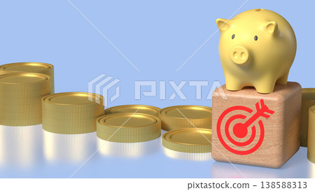 Golden Piggy Bank on Growth Coins Financial Investment Concept 3d render. Golden Piggy Bank on Growth Coins Financial Investment Concept 3d render. 138588313
