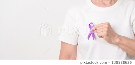 Elderly with Purple Ribbon for Violence, Pancreatic, Esophageal, Testicular cancer, Alzheimer, Epilepsy, Lupus, Crohn, Thyroid, Sarcoidosis and Fibromyalgia. Awareness month and World cancer day Elderly with Purple Ribbon for Violence, Pancreatic, Esophageal, Testicular cancer, Alzheimer, Epilepsy, Lupus, Crohn, Thyroid, Sarcoidosis and Fibromyalgia. Awareness month and World cancer day 138588626
