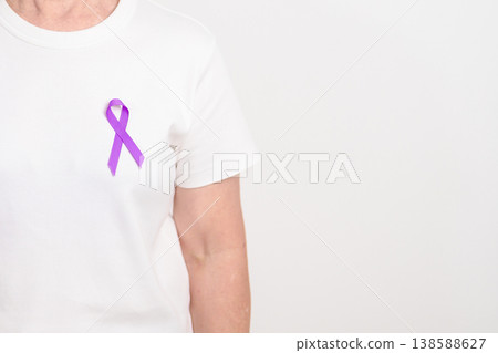 Elderly with Purple Ribbon for Violence, Pancreatic, Esophageal, Testicular cancer, Alzheimer, Epilepsy, Lupus, Crohn, Thyroid, Sarcoidosis and Fibromyalgia. Awareness month and World cancer day Elderly with Purple Ribbon for Violence, Pancreatic, Esophageal, Testicular cancer, Alzheimer, Epilepsy, Lupus, Crohn, Thyroid, Sarcoidosis and Fibromyalgia. Awareness month and World cancer day 138588627