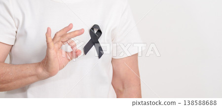 Elderly with Black ribbon for May Melanoma and skin cancer Awareness month, October Vaccine injury awareness month, Mourning Remembrance, March Sleep awareness week, Gang Prevention and Anti Violence Elderly with Black ribbon for May Melanoma and skin cancer Awareness month, October Vaccine injury awareness month, Mourning Remembrance, March Sleep awareness week, Gang Prevention and Anti Violence 138588688