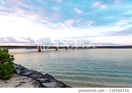 Okinawa: View of Kouri Bridge from Kouri Beach at dawn. Okinawa: View of Kouri Bridge from Kouri Beach at dawn. 138588738