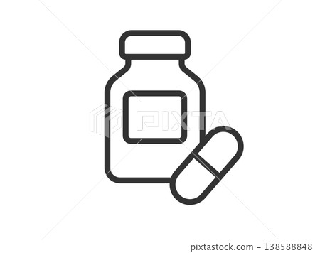瓶子裡裝著一個藥丸圖示(線條畫)。 瓶子裡裝著一個藥丸圖示(線條畫)。 138588848