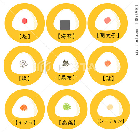 A set of illustrations of various fillings for triangular rice balls. 138589101