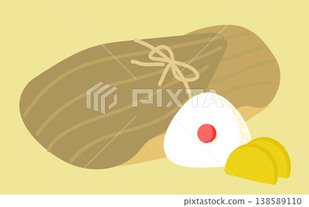 An illustration of a delicious-looking rice ball placed on bamboo leaves. 138589110