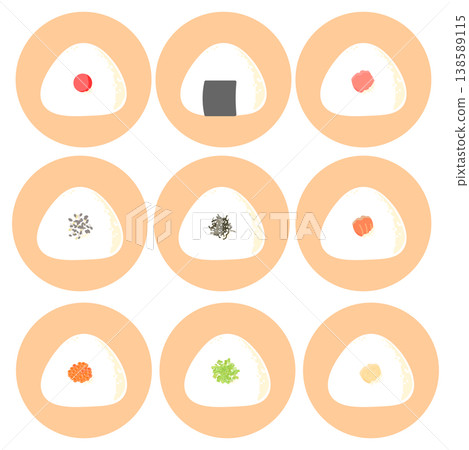 A set of illustrations of various fillings for triangular rice balls. A set of illustrations of various fillings for triangular rice balls. 138589115