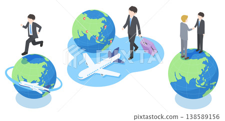Isometric illustration of a businessman who is active on a global scale. Isometric illustration of a businessman who is active on a global scale. 138589156