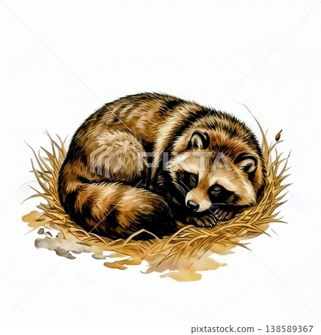 一幅以日本繪畫風格繪製的浣熊蜷縮著睡覺的插圖。 一幅以日本繪畫風格繪製的浣熊蜷縮著睡覺的插圖。 138589367