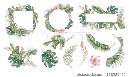 Botanical wreath and frames clipart. Set tropical palm leaves foliage isolated. Watercolor illustration painted with monstera and banana fronds. Foliate elements for wedding invitation, summer design. Botanical wreath and frames clipart. Set tropical palm leaves foliage isolated. Watercolor illustration painted with monstera and banana fronds. Foliate elements for wedding invitation, summer design. 138589431
