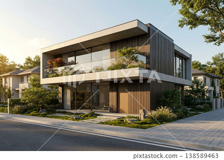 時尚獨立式住宅外觀效果圖，採用精美木質外牆和玻璃欄桿 | 建築效果圖 138589463