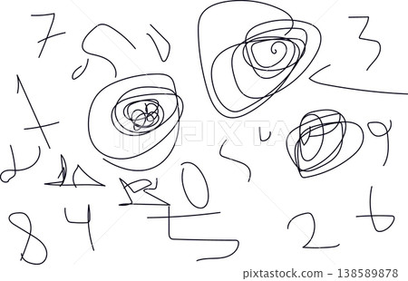 Hand-drawn abstract scribbles and numbers on a white background with child art Hand-drawn abstract scribbles and numbers on a white background with child art 138589878