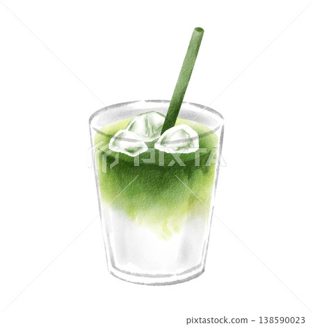 Matcha Latte (Iced), Hand-drawn, Watercolor Style 138590023