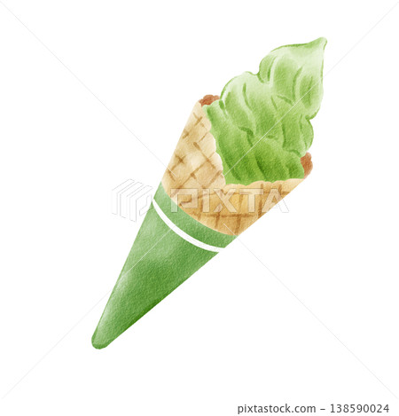 Matcha soft serve ice cream, hand-drawn, watercolor style. Matcha soft serve ice cream, hand-drawn, watercolor style. 138590024