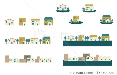 一組色彩柔和的房屋和街景圖示插圖。 138590280