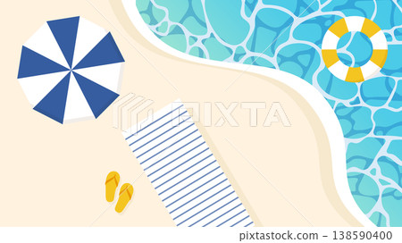 夏日海灘插畫：沙灘、沙灘傘、充氣泳圈 138590400