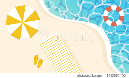 Summer beach illustration: sandy beach, beach umbrella, inflatable ring Summer beach illustration: sandy beach, beach umbrella, inflatable ring 138590402