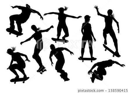Skateboard Silhouette Skateboarders Set 138590415