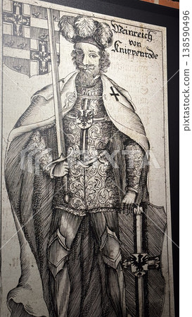 Historical engraving portrait of medieval knight Heinrich von Kniprode displayed in Malbork Castle museum in Poland. History, person and heritage concept 138590496