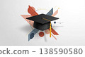 Modern abstract composition with a black graduation cap and gold tassel, surrounded by geometric shapes, symbolizing education, achievement, and academic success 138590580