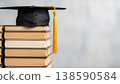 Graduation cap with golden tassel resting on a stack of books, symbolizing education, knowledge, and academic achievement on a empty background with copy space 138590584