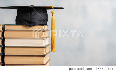 Graduation cap with golden tassel resting on a stack of books, symbolizing education, knowledge, and academic achievement on a empty background with copy space 138590584