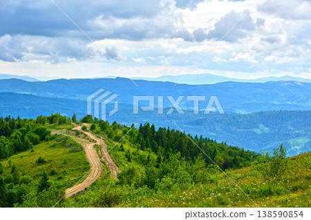Winding Dirt Road on a Green Mountain Ridge Winding Dirt Road on a Green Mountain Ridge 138590854