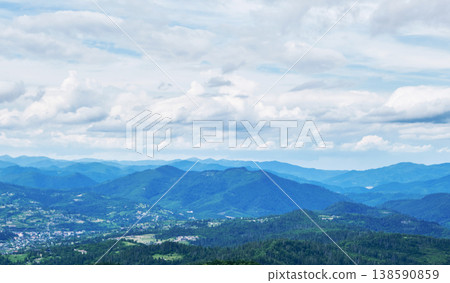 Blue Carpathian Mountain Layers and Village 138590859