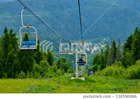 Man and Dog Riding Chairlift in Mountains Man and Dog Riding Chairlift in Mountains 138590866