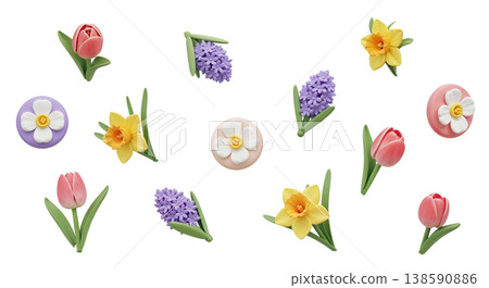 3D multi angle mixed spring flower icon asset sheet 138590886