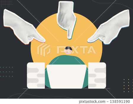Trendy Halftone Collage style illustration of a stressed person at laptop overwhelmed by three pointing hands and stacked documents, representing mental burnout, work pressure and overload concept. 138591190