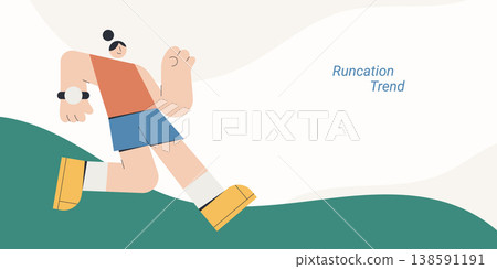 Flat style illustration of a woman person running outdoors wearing smartwatch on a green hill landscape, representing runcation trend, active travel and healthy lifestyle concept. 138591191