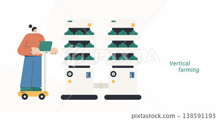 Flat style illustration of a woman person using laptop on a mobile cart to monitor smart vertical farm units growing vegetables, representing vertical farming, agritech and sustainability concept. Flat style illustration of a woman person using laptop on a mobile cart to monitor smart vertical farm units growing vegetables, representing vertical farming, agritech and sustainability concept. 138591193