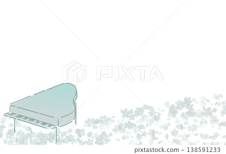 藍色花朵和一架三角鋼琴的插圖 138591233