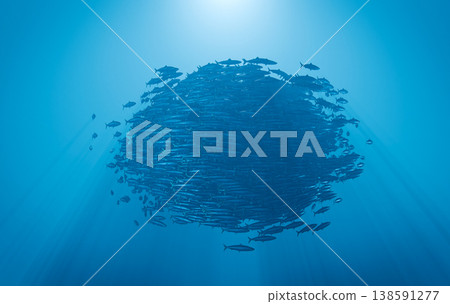 Sardine Bait Ball Sphere God Rays Underwater Ocean, 3D Render background Sardine Bait Ball Sphere God Rays Underwater Ocean, 3D Render background 138591277