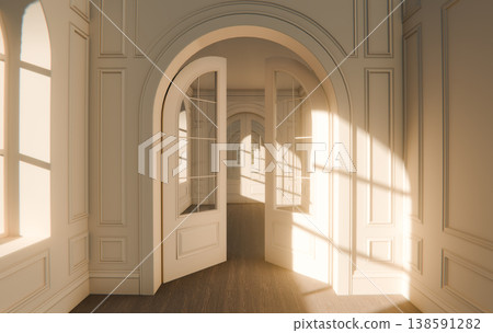 Sunlit Empty Classical Interior Room Solitude Minimal Background, 3D Render Sunlit Empty Classical Interior Room Solitude Minimal Background, 3D Render 138591282