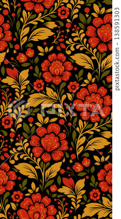 Vector decorative floral pattern. Tracery blossom texture. Slavic ornament with red flowers on a black background Vector decorative floral pattern. Tracery blossom texture. Slavic ornament with red flowers on a black background 138591303