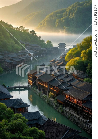 The misty rain of Fenghuang Ancient Town: the charm of an ancient town in a traditional Chinese ink painting. 138592177