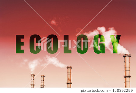 Concept of environmental pollution showing the word ECOLOGY over industrial smokestacks emitting smoke into a dramatic red sky. Highlights climate change and ecology issues. Concept of environmental pollution showing the word ECOLOGY over industrial smokestacks emitting smoke into a dramatic red sky. Highlights climate change and ecology issues. 138592299