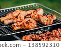 Pork skewers and chicken feet marinated grilling on rack over coals, spring barbecue in backyard 138592310