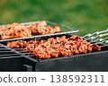 Pork skewers and chicken feet marinated grilling on rack over coals, spring barbecue in backyard 138592311