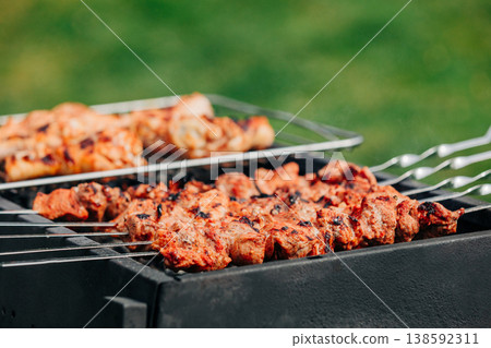 Pork skewers and chicken feet marinated grilling on rack over coals, spring barbecue in backyard Pork skewers and chicken feet marinated grilling on rack over coals, spring barbecue in backyard 138592311