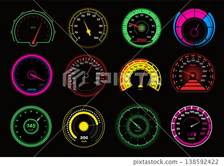 Auto speedometer. Glowing car tablo elements, dials with arrows, kilometer meters, gauge equipment, indicator scale, speed measurement on instrument panel interface qualitative vector set Auto speedometer. Glowing car tablo elements, dials with arrows, kilometer meters, gauge equipment, indicator scale, speed measurement on instrument panel interface qualitative vector set 138592422