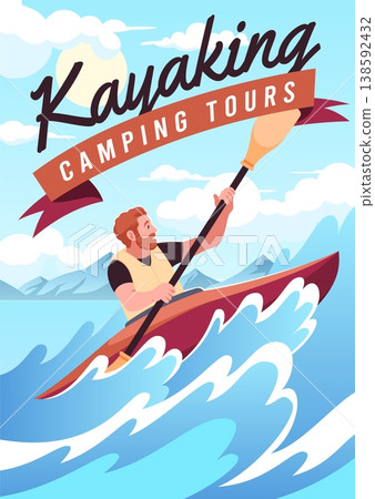 Canoe rafting. Man in life jacket is rowing, stormy river, athlete in kayak with oar, extreme water sports flyer, activities, poster or print design, tidy vector cartoon isolated concept Canoe rafting. Man in life jacket is rowing, stormy river, athlete in kayak with oar, extreme water sports flyer, activities, poster or print design, tidy vector cartoon isolated concept 138592432