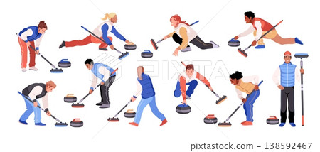 Curling players. Professional athletes, ice sheet, people pushing granite stones, sliding rocks, sweeping brooms, brushes, teamwork winter sport competition tidy vector cartoon isolated set 138592467