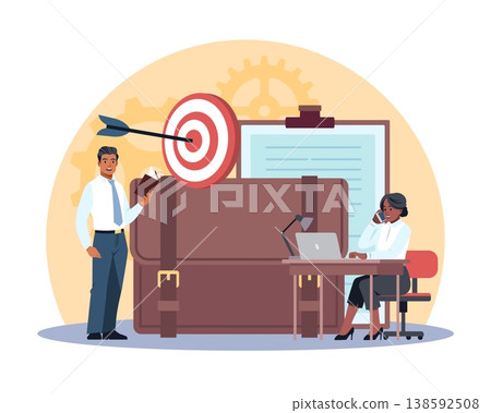 Data analysis. Businessmen calculate strategy, teamwork and brainstorm, goal achievement target, management with documents and briefcase, woman office scene vector cartoon isolated concept 138592508