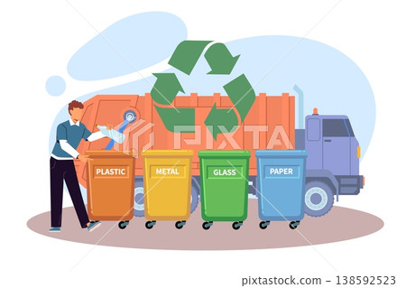 Garbage sorting and recycling. Household waste collection, trash transportation, resource recovery and sustainable waste management, environment ecology vector cartoon isolated concept Garbage sorting and recycling. Household waste collection, trash transportation, resource recovery and sustainable waste management, environment ecology vector cartoon isolated concept 138592523
